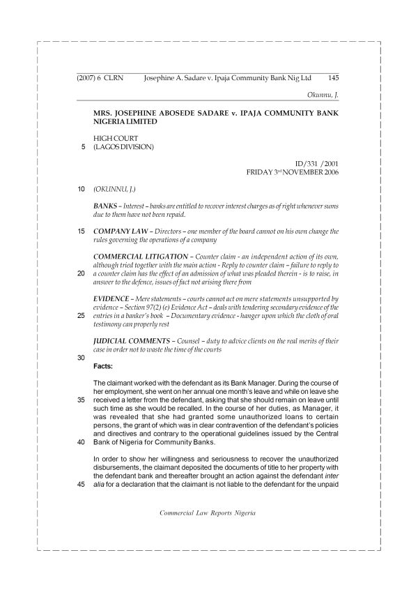 Josephine A. Sadare v. Ipaja Community Bank Nig Ltd