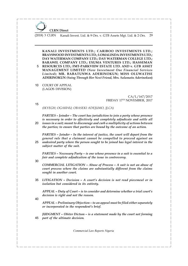 Kanali Invest. Ltd. & 9 Ors. v. GTB Assets Mgt. Ltd. & 2 Ors.