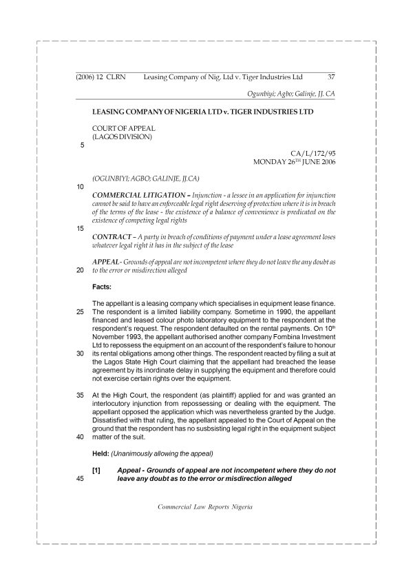 Leasing Company of Nig. Ltd v. Tiger Industries Ltd