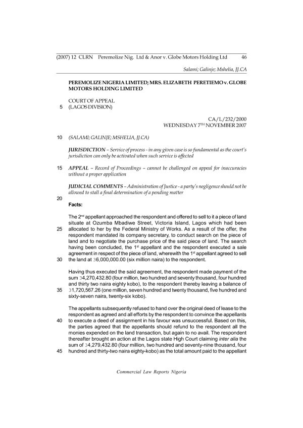 Peremolize Nig.  Ltd & Anor v. Globe Motors Holding Ltd