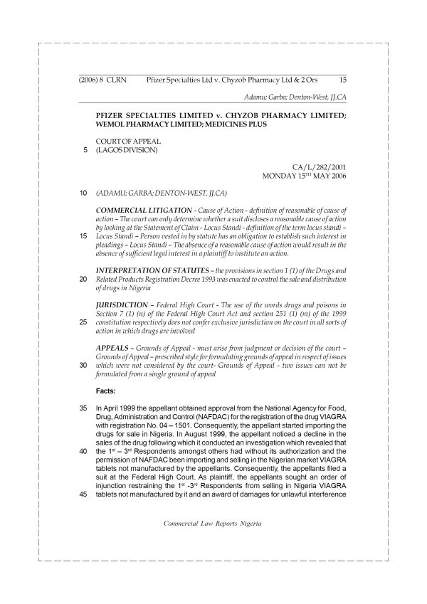 Pfizer Specialties Ltd v. Chyzob Pharmacy Ltd & 2 Ors