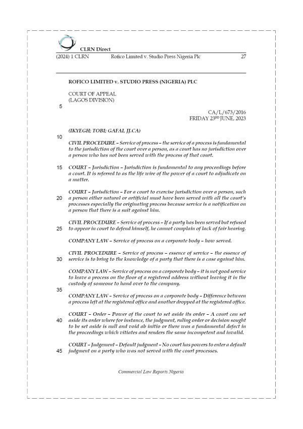 ROFICO LIMITED v. STUDIO PRESS NIGERIA PLC