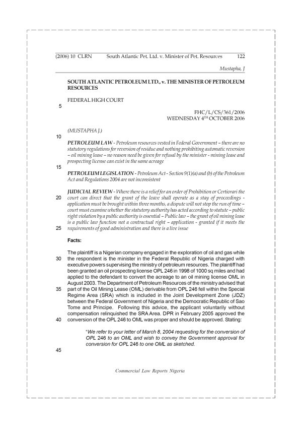 South Atlantic Pet. Ltd. v. Minister of Pet. Resources