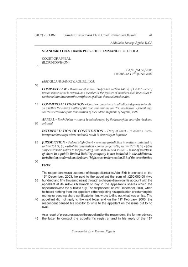 Standard Trust Bank Plc v. Chief Emmanuel Olusola
