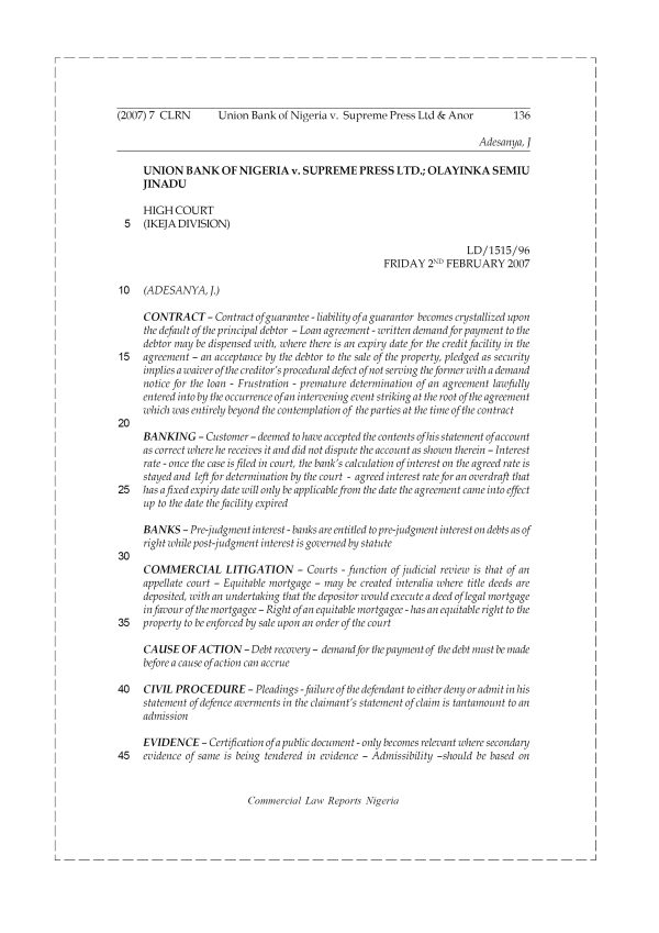 Union Bank of Nigeria v. Supreme Press Ltd & Anor