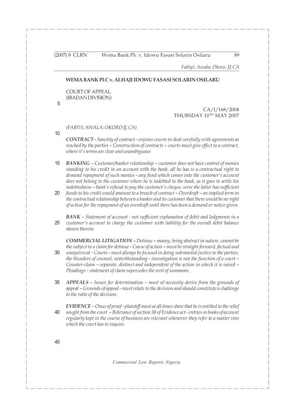Wema Bank Plc v. Alhaji Idowu Fasasi Solarin Osilaru
